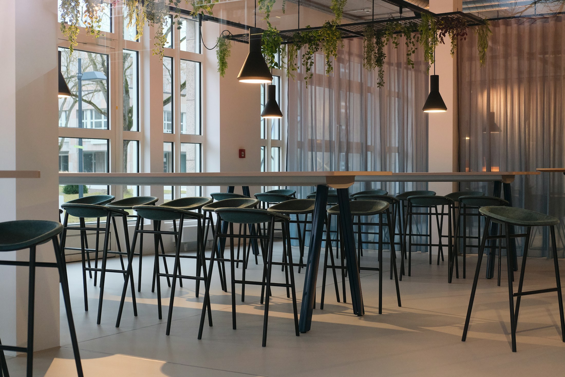 High tables and pendant lights beside tall windows and sheer curtains.