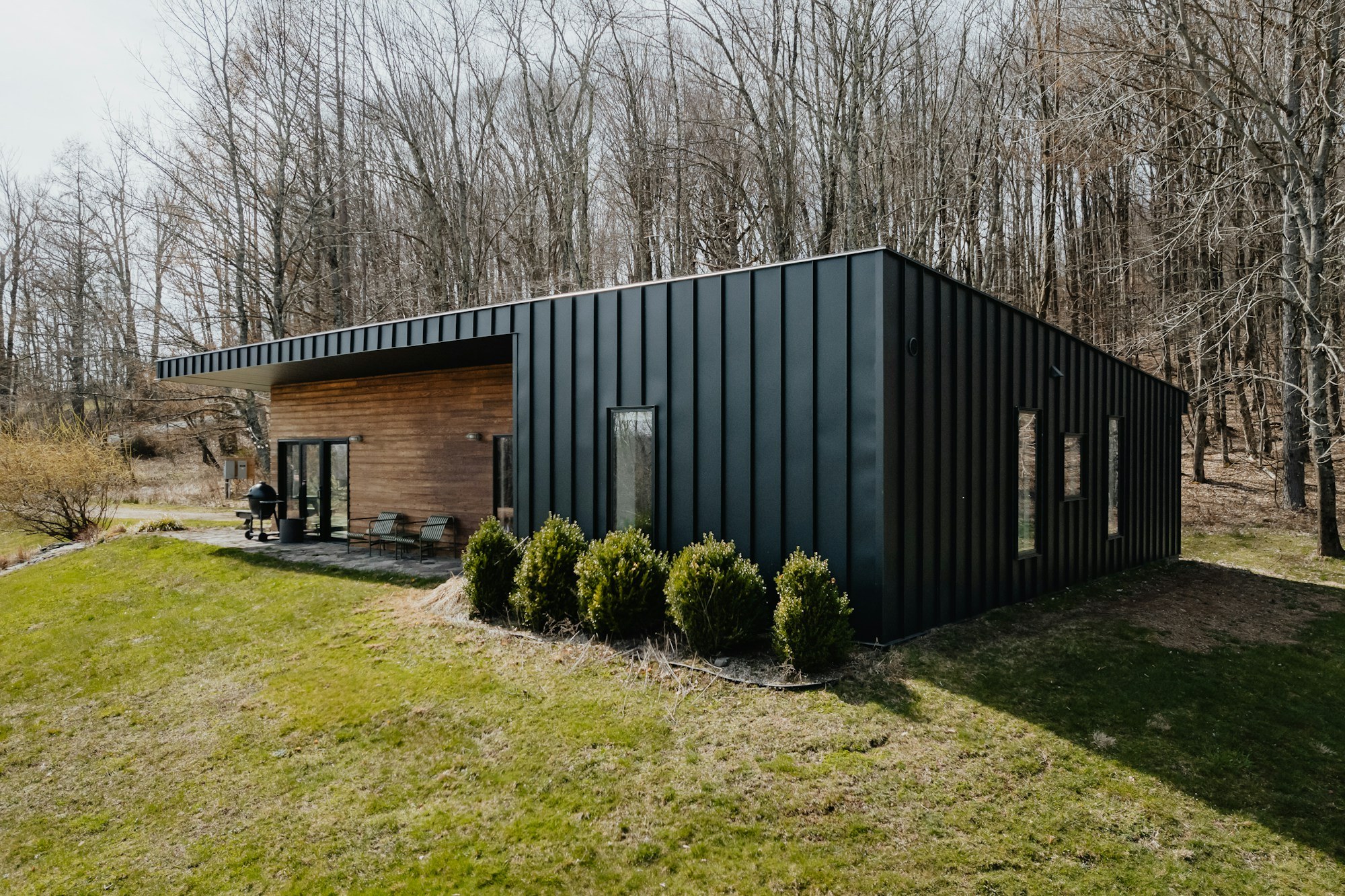 Single-story home with dark vertical cladding, wood siding and a sheltered patio