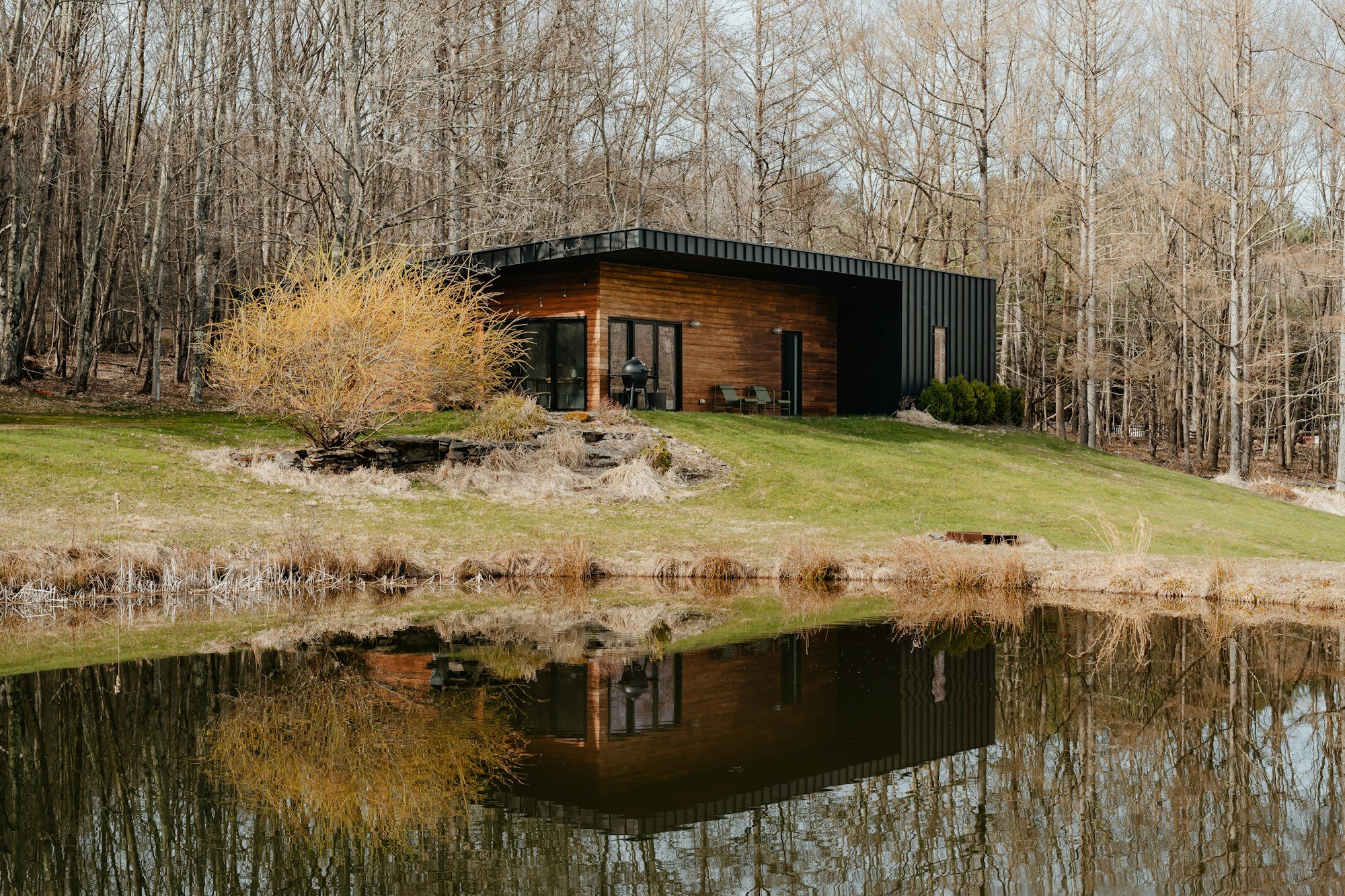 Wood and dark metal-clad single-story home reflected in a pond