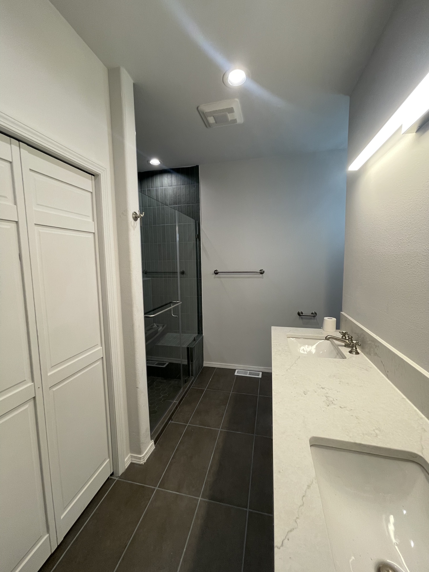 Bathroom vanity and glass shower enclosure with dark tile